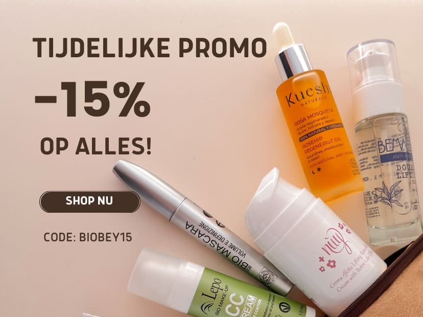 Speciale aanbieding Biobey: 15% korting op het volledige assortiment van natuurlijke verzorgingsproducten een supplementen